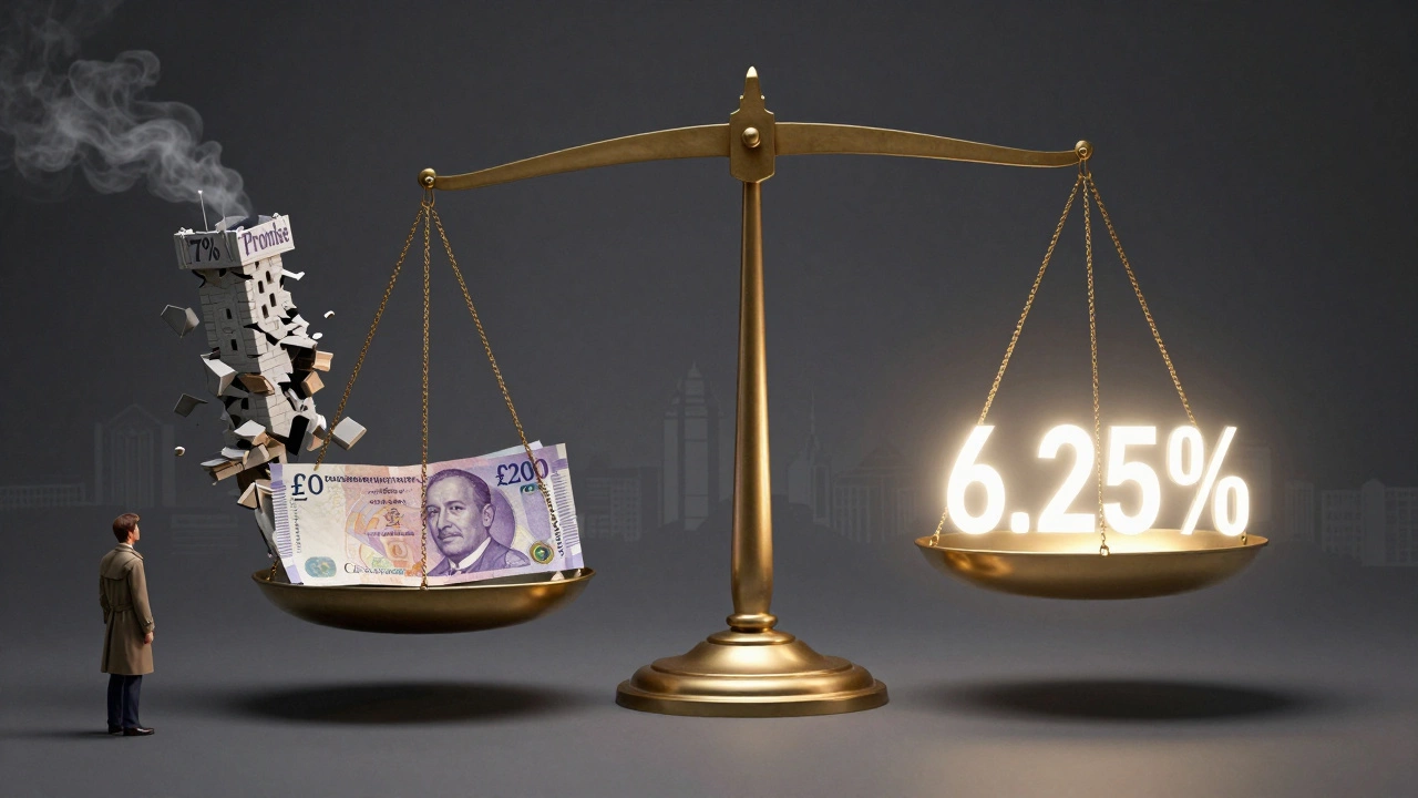 A balanced scale with £20,000 and a 6.25% sign, while a '7% Promise' tower crumbles into smoke beside it.