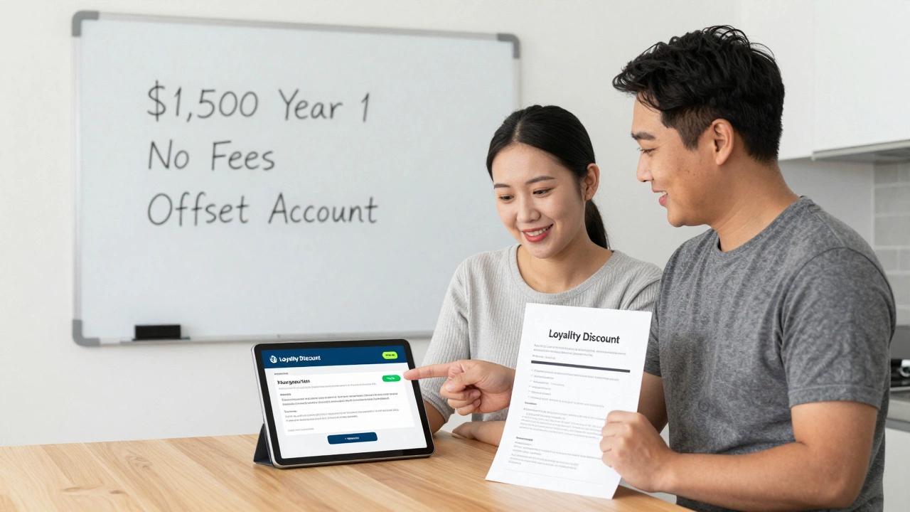 A couple reviewing a better mortgage offer from their bank with key savings shown on a whiteboard.