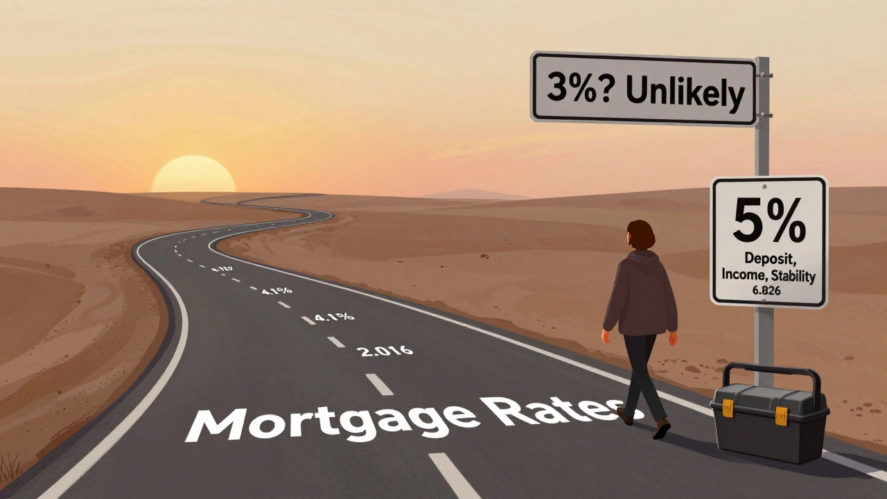 A road map of mortgage rates from 4.1% to 6.8% with a dead-end sign for 3% and a traveler heading toward 5%.