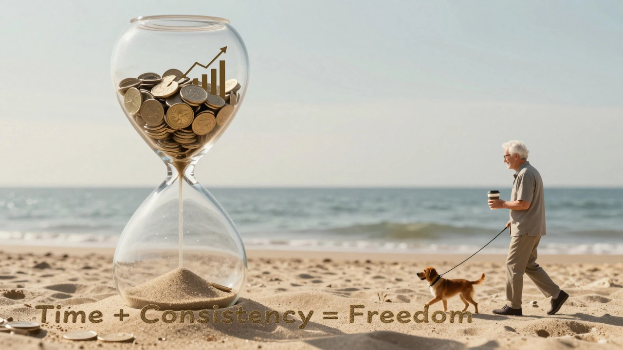 An hourglass transforming savings into a peaceful retirement scene on a beach at sunset.
