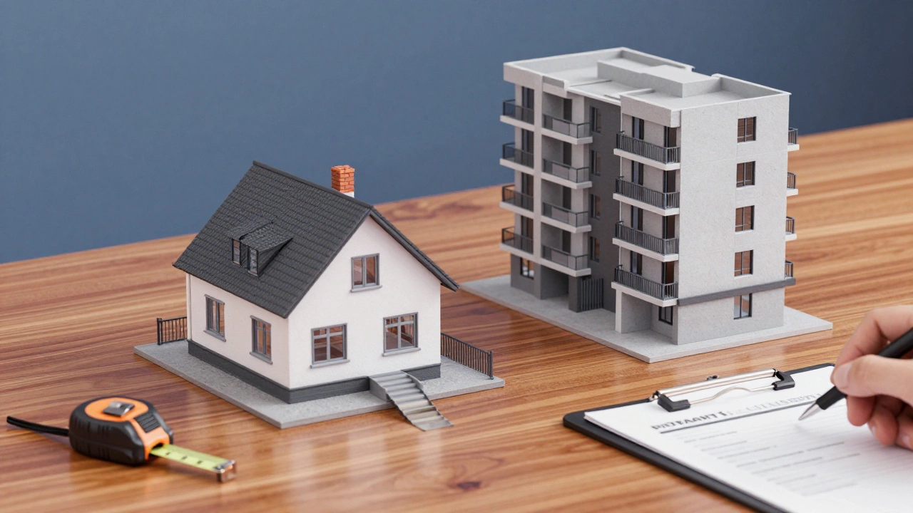 Architectural models of a house and apartment on a desk with survey tools.
