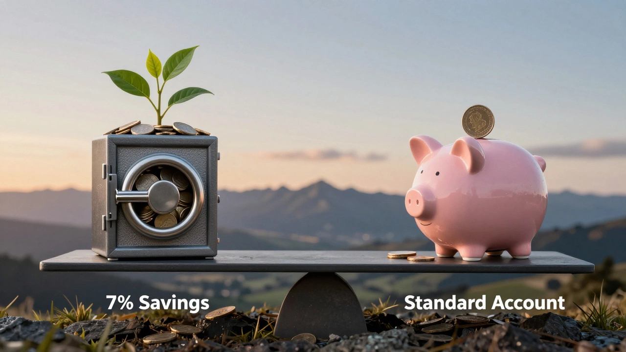 Balanced scale comparing locked high-interest savings versus standard savings account.