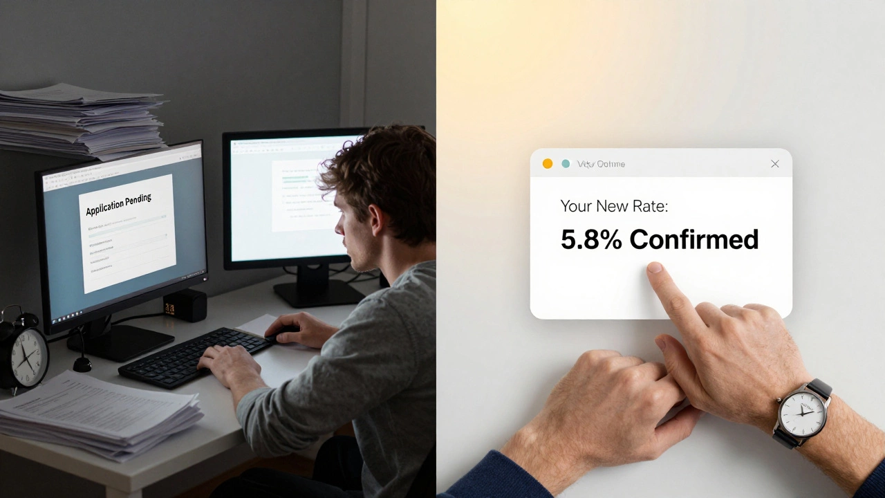 Contrasting scenes of stressful paperwork delay versus quick, simple mortgage approval.