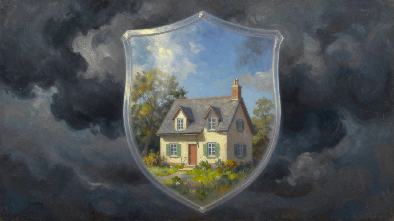 Cottage protected by a glowing shield against dark stormy clouds outside.