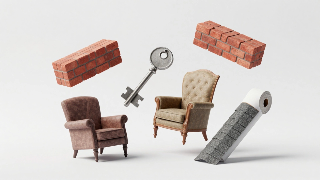 Floating household items and building materials in white studio space.