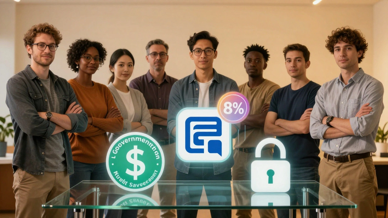 Group of people around a table with financial icons including bond, credit union, and lock symbol.