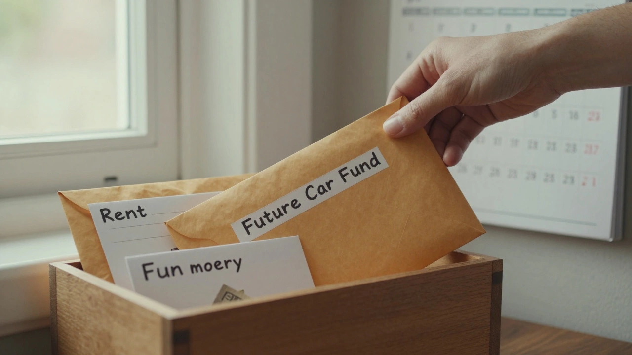 Hand placing an envelope labeled 'Future Car Fund' into a box of labeled budget envelopes
