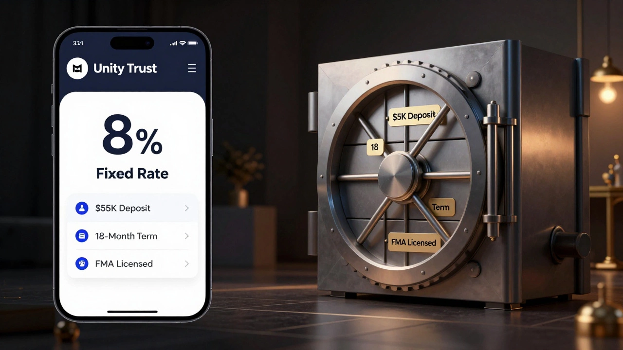 Split-screen of a fintech app with 8% rate and a secure vault labeled with deposit terms and licensing.