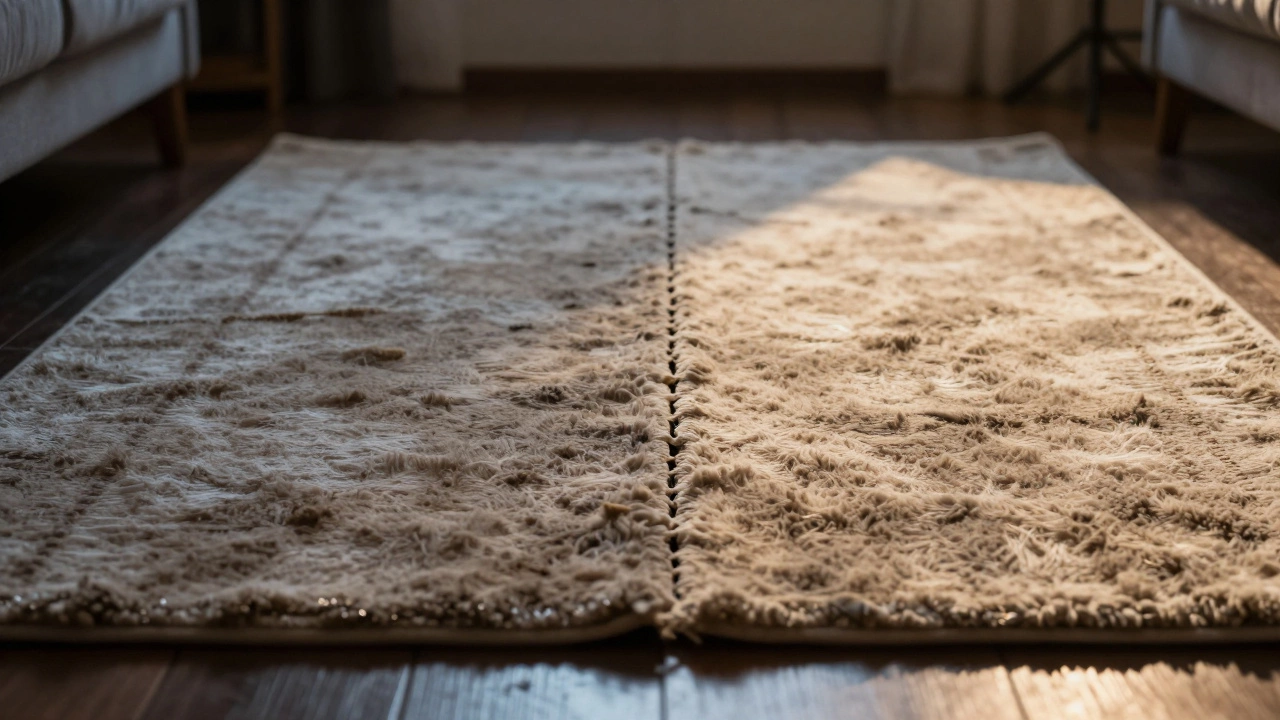 Split view comparing worn carpet to new carpet under different lights.