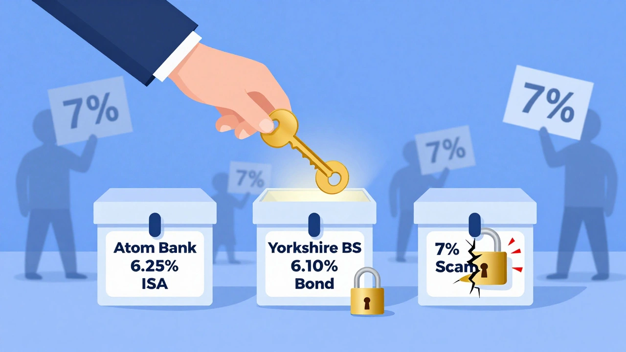 Three financial products as locked boxes: one with a golden key labeled 6.25%, another locked, and a third cracked with warning symbols.