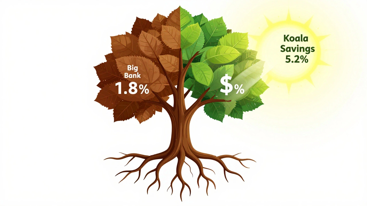 Tree with dollar sign leaves contrasting low and high interest rates from traditional and fintech banks.