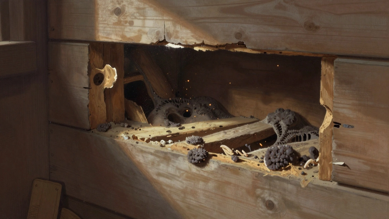 Wall cross-section showing hidden termite damage and mold growth.