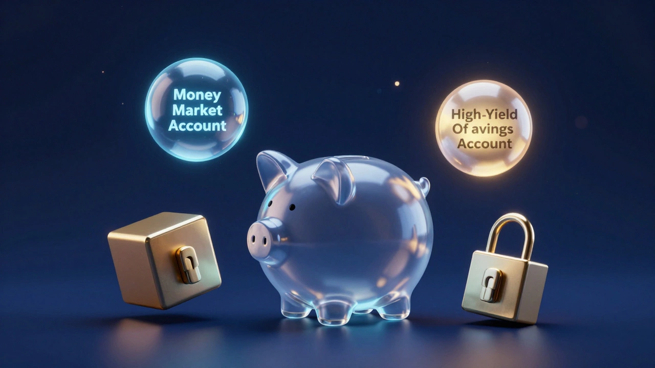 3D conceptual render of a piggy bank with floating shapes representing different savings accounts