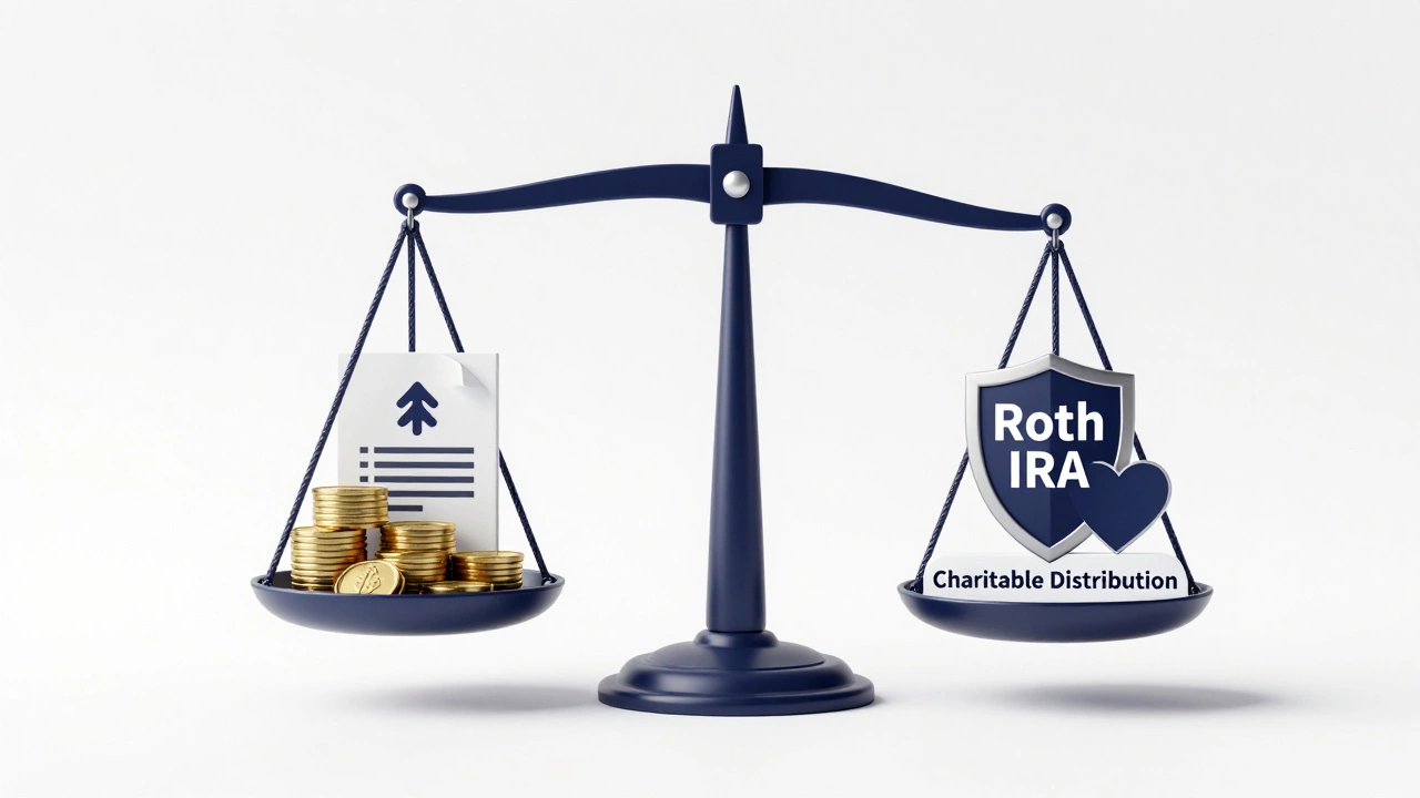 A balanced scale comparing tax liabilities with retirement savings and charity.
