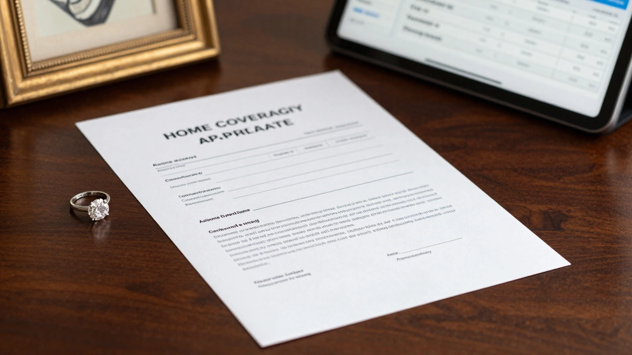 A diamond ring and fine art piece next to an insurance appraisal document.