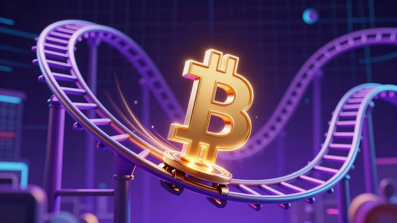 A golden Bitcoin on a neon rollercoaster track symbolizing market volatility