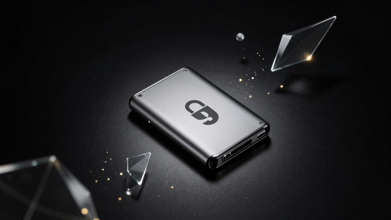 A hardware crypto wallet on a black surface with futuristic digital elements