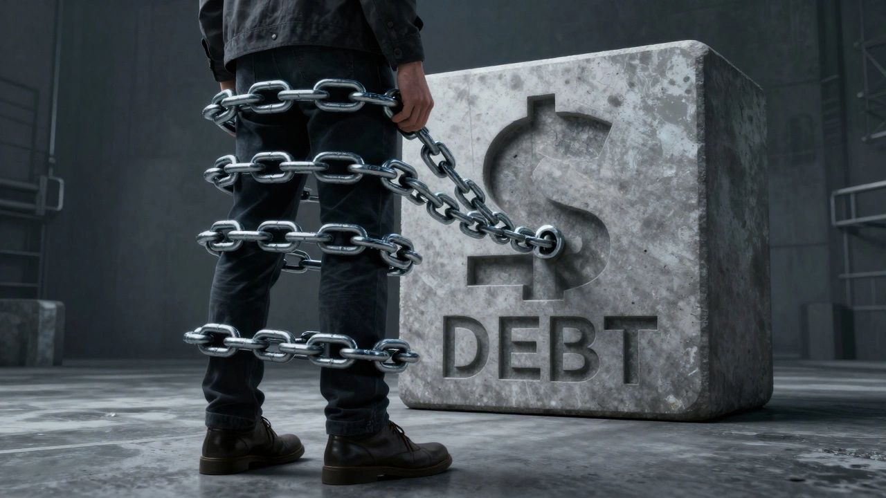 A person burdened by a heavy iron chain attached to a massive concrete block.