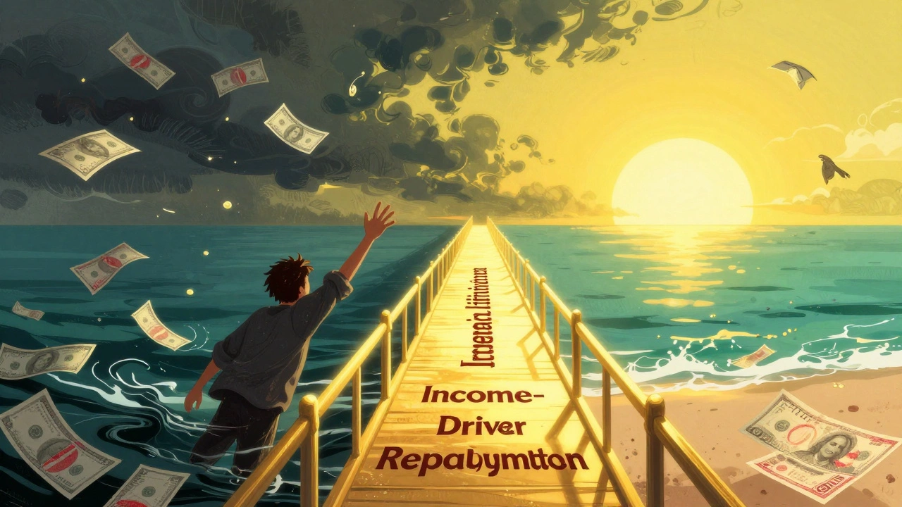 A person reaching for a glowing golden bridge leading away from a storm of bills.