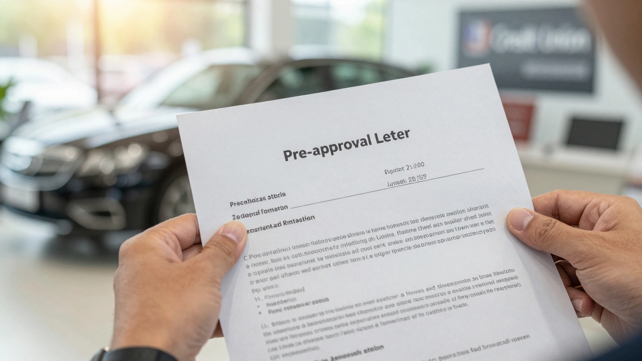 Close-up of a hand holding a bank pre-approval letter at a car dealership