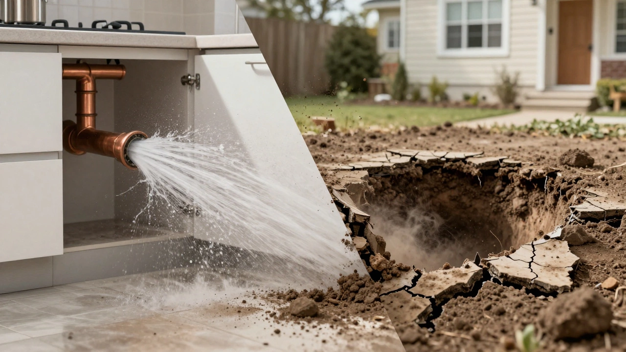 Comparison of a burst pipe leak versus structural foundation cracks and earth movement.