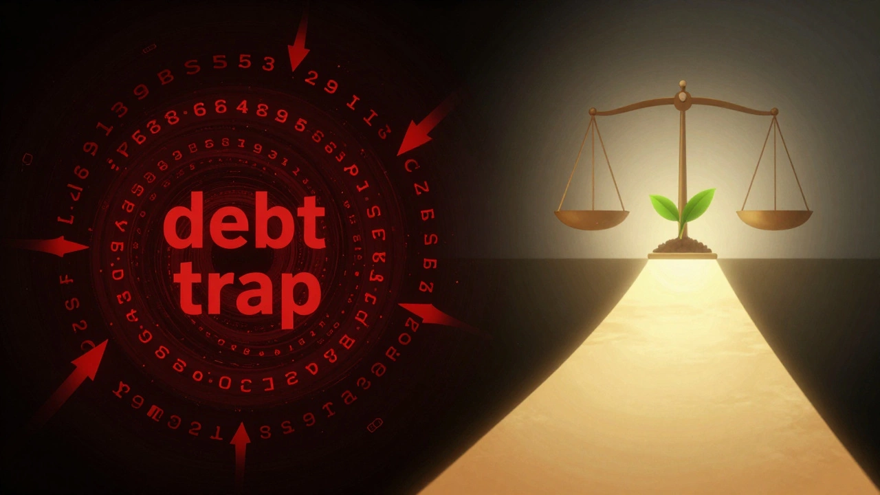 Conceptual art showing a dark debt spiral transitioning into a bright financial recovery path