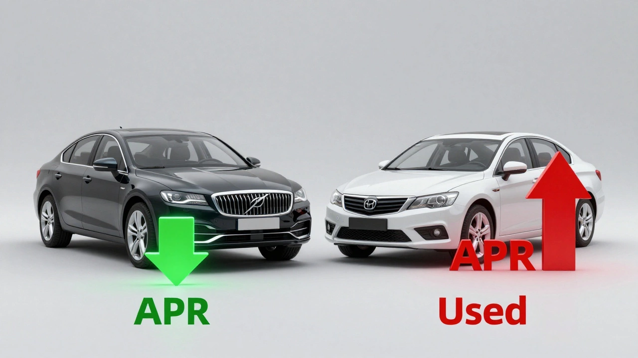 Conceptual comparison of a new and used car showing different loan rate directions