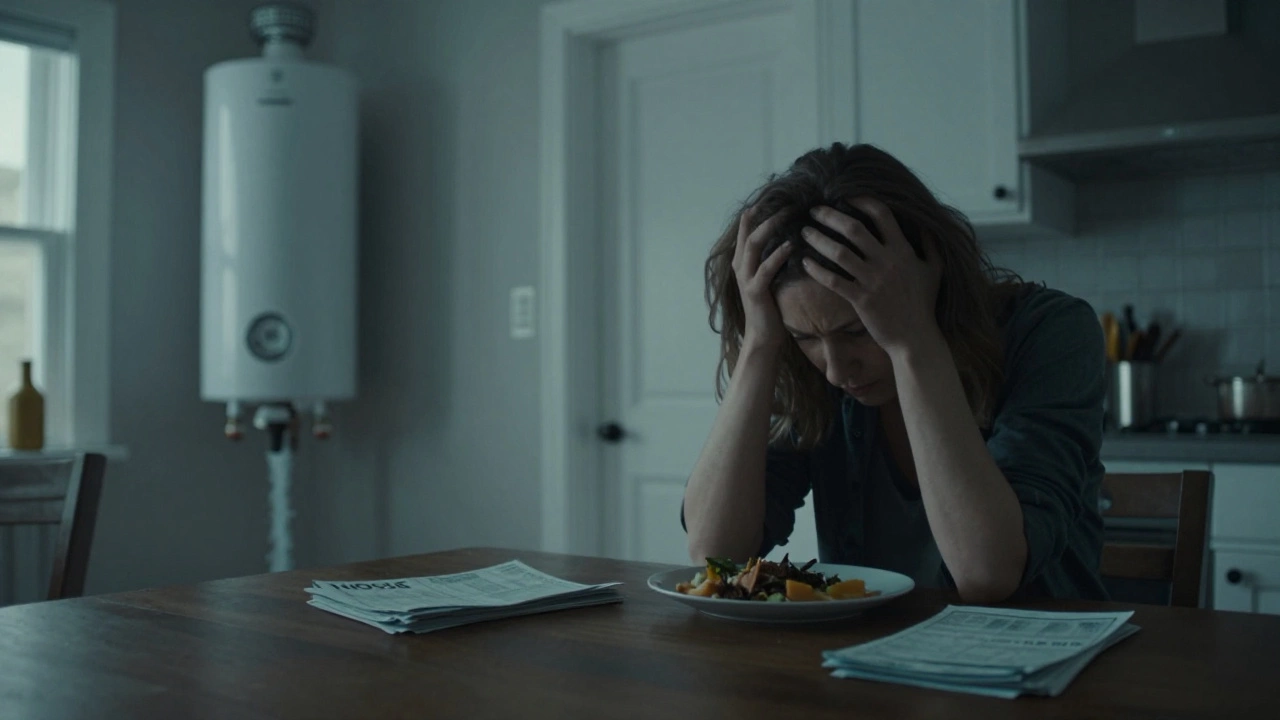 Stressed homeowner at a table with bills and a leaking water heater