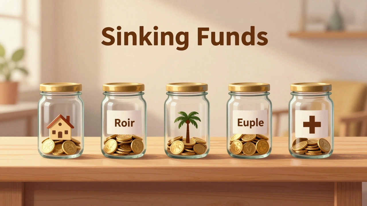 Transparent glass jars with symbols for home, vacation, and health containing gold coins