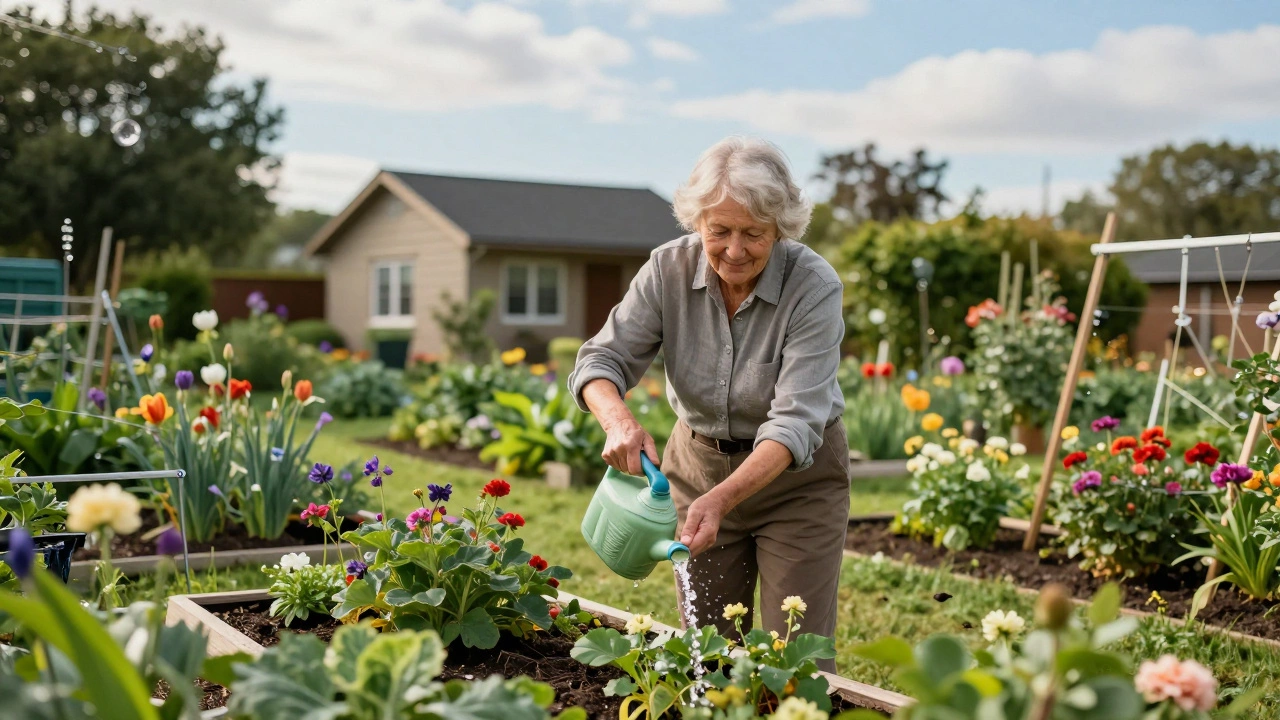 Active retiree gardening in front of a modest cottage, symbolizing low-cost living.