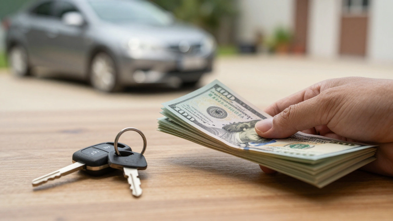Car keys and cash down payment on a table near a vehicle