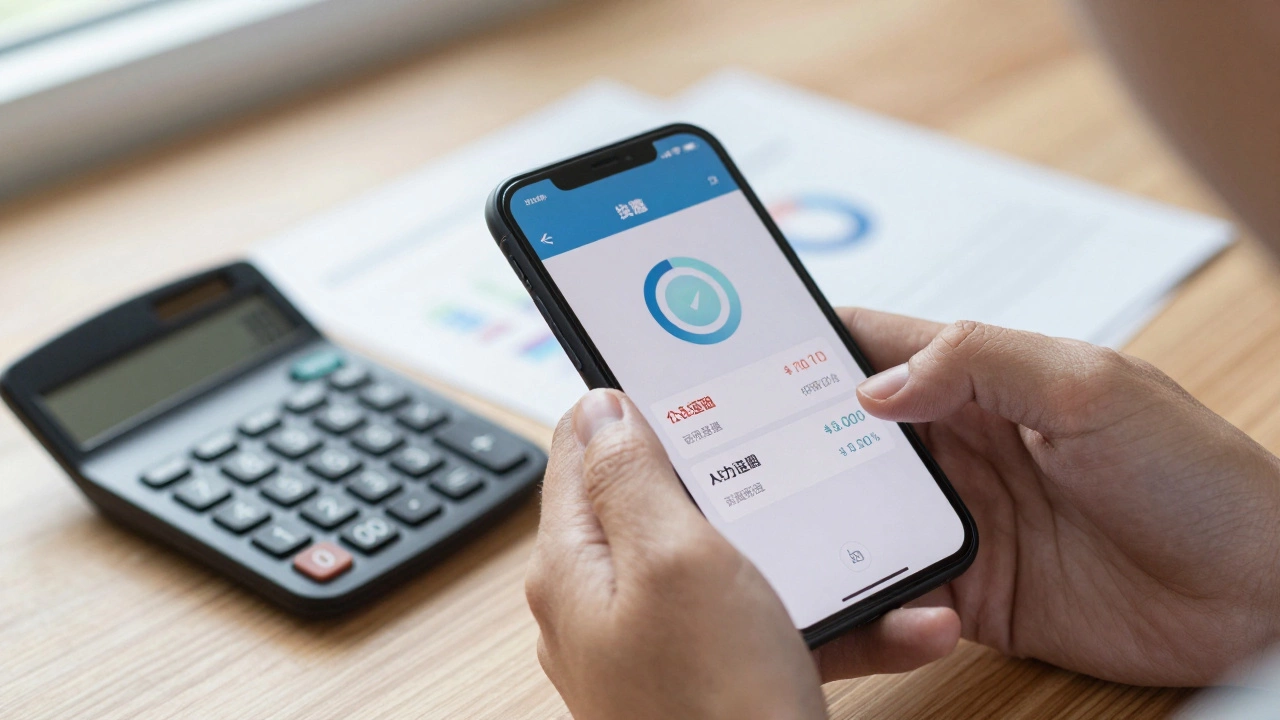 Close-up of hands holding a smartphone calculating loan costs with papers on a desk in the background.