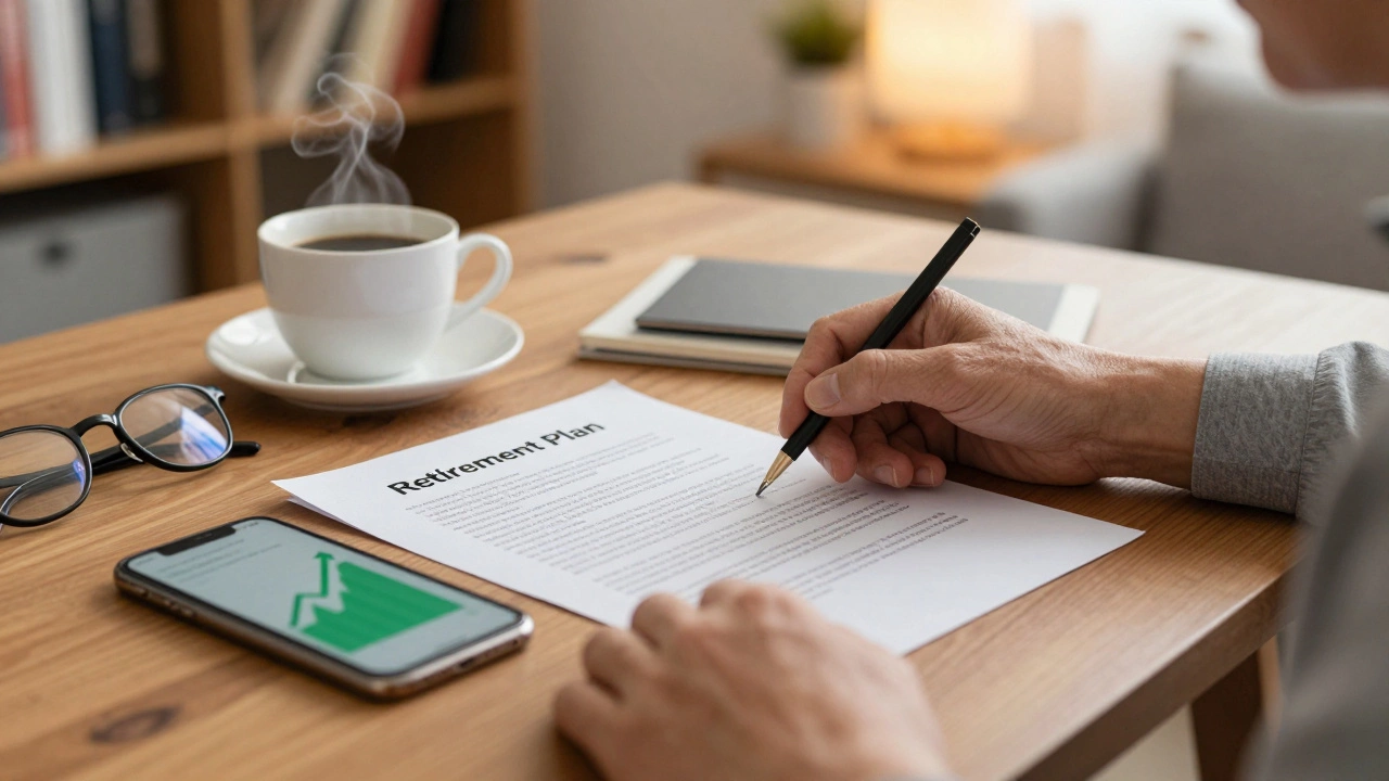 Close up of hands reviewing retirement documents on a desk