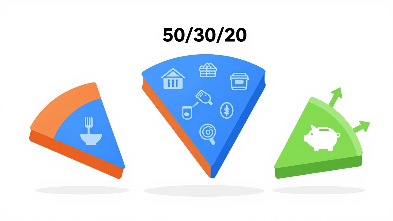 Colorful pie chart illustrating 50/30/20 budgeting categories