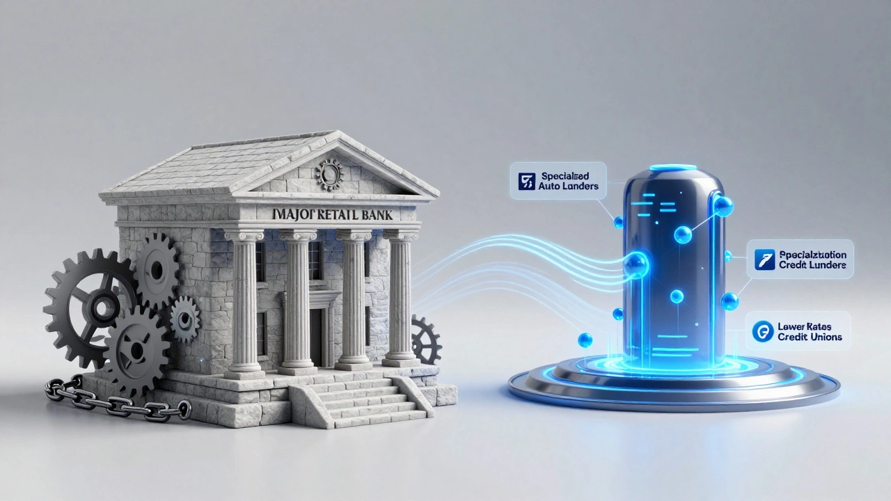 Conceptual art comparing traditional stone bank with futuristic digital lending hub