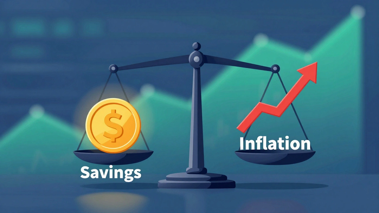 Conceptual art showing a balance scale between savings and inflation risks.