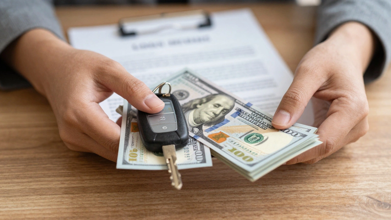 Hands holding cash and car keys on a desk, symbolizing a large down payment