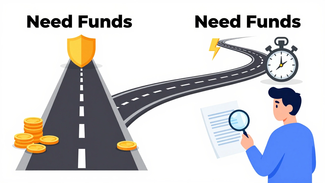 Illustration of two paths representing bank stability and online lender speed with a person reviewing details.