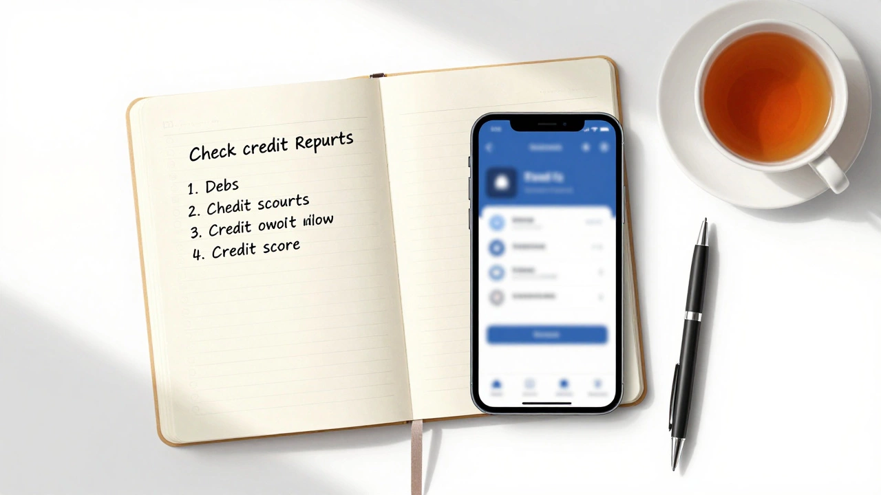 Notebook with debt list and phone showing credit check on table
