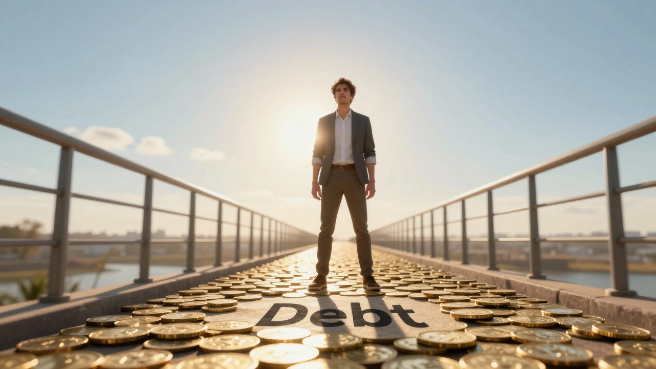 Person crossing a bridge from debt to financial freedom
