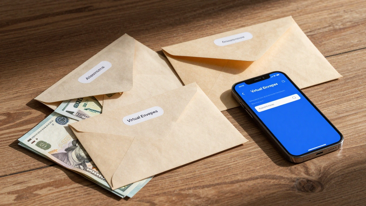 Physical cash envelopes and a smartphone showing virtual budget accounts.