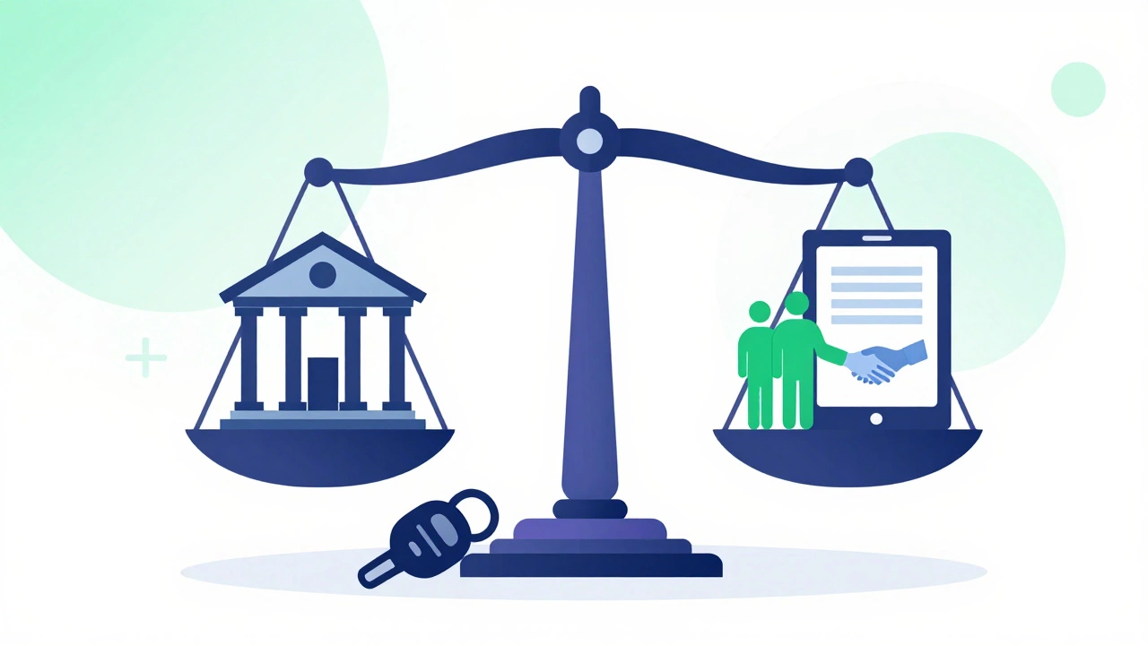 Scale comparing bank, credit union, and online lender options