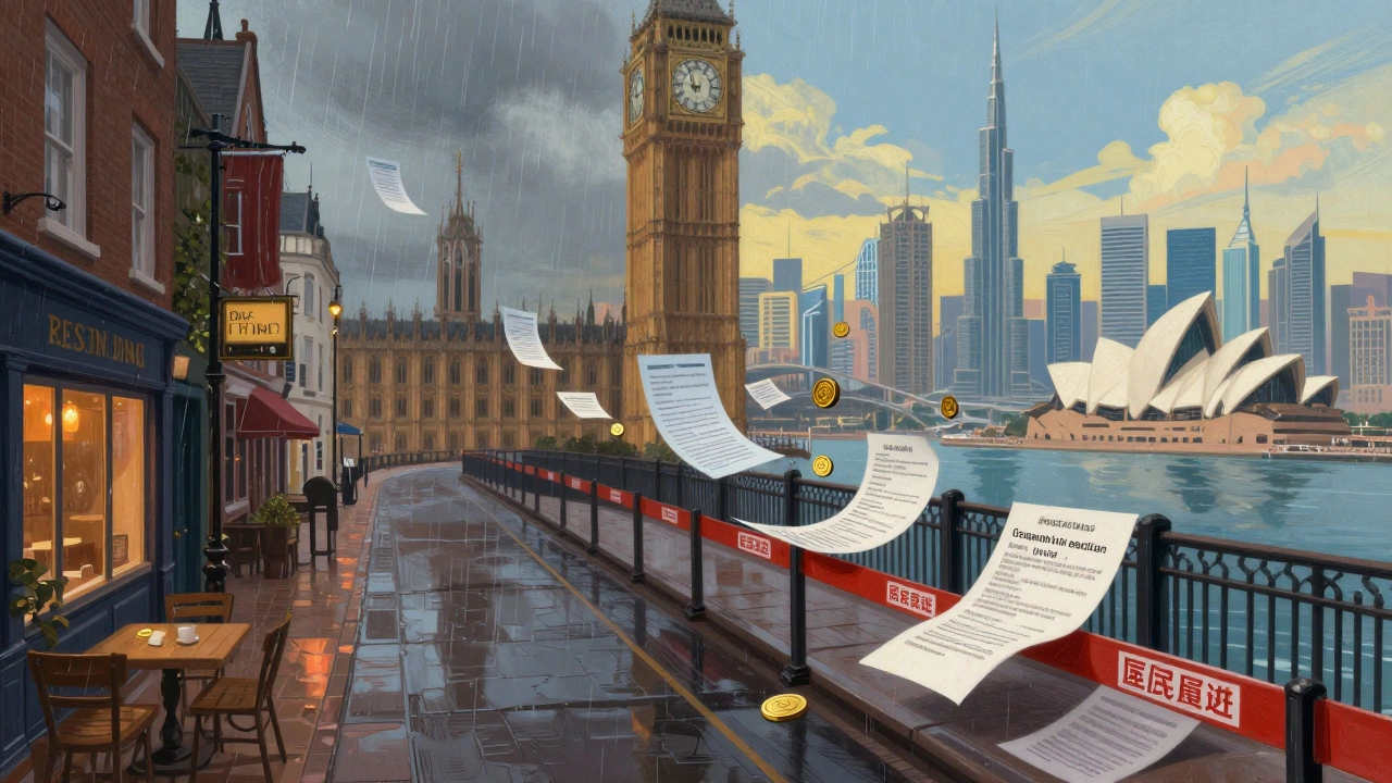 Split screen digital art comparing UK and foreign living scenarios