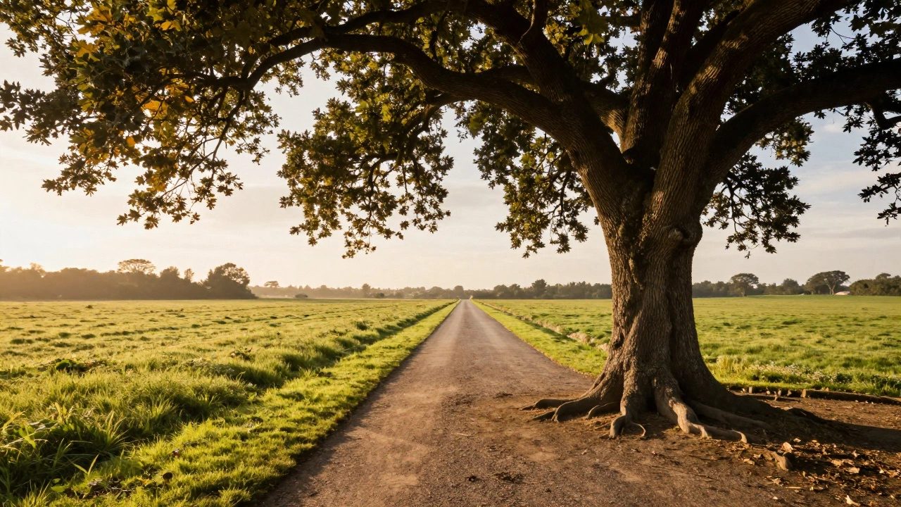Sturdy oak tree in sunlit garden symbolizing financial stability