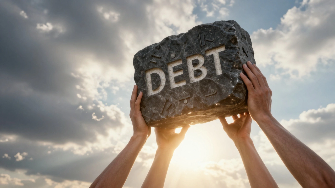 Symbolic image of lifting a heavy debt stone with support