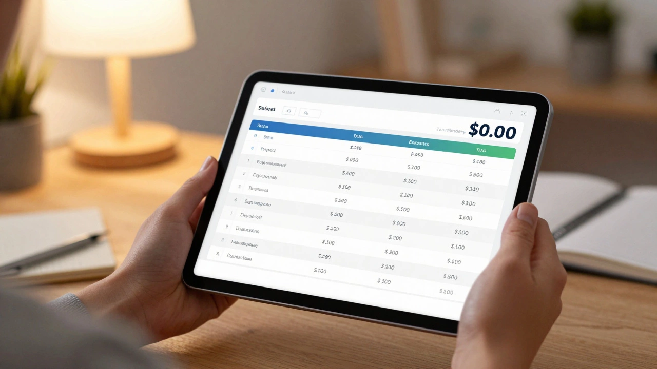 Tablet displaying a zero-based budget app with expenses totaling zero balance.