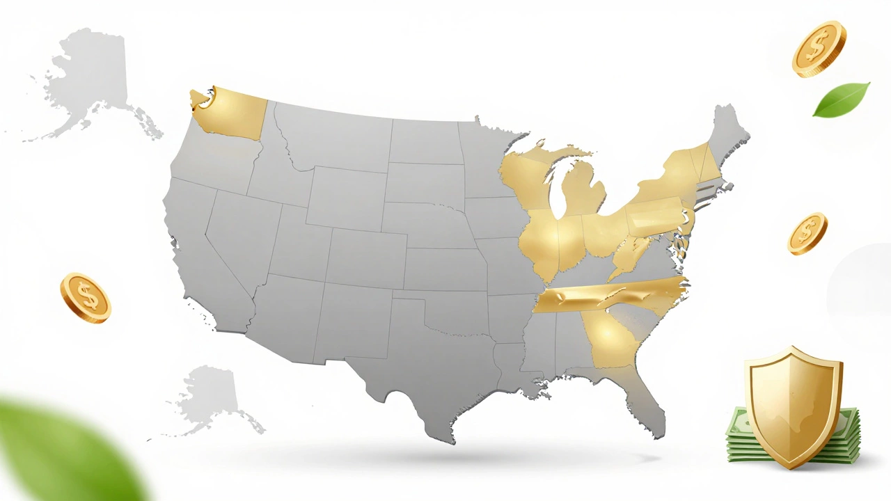 US map highlighting nine states with no pension income tax