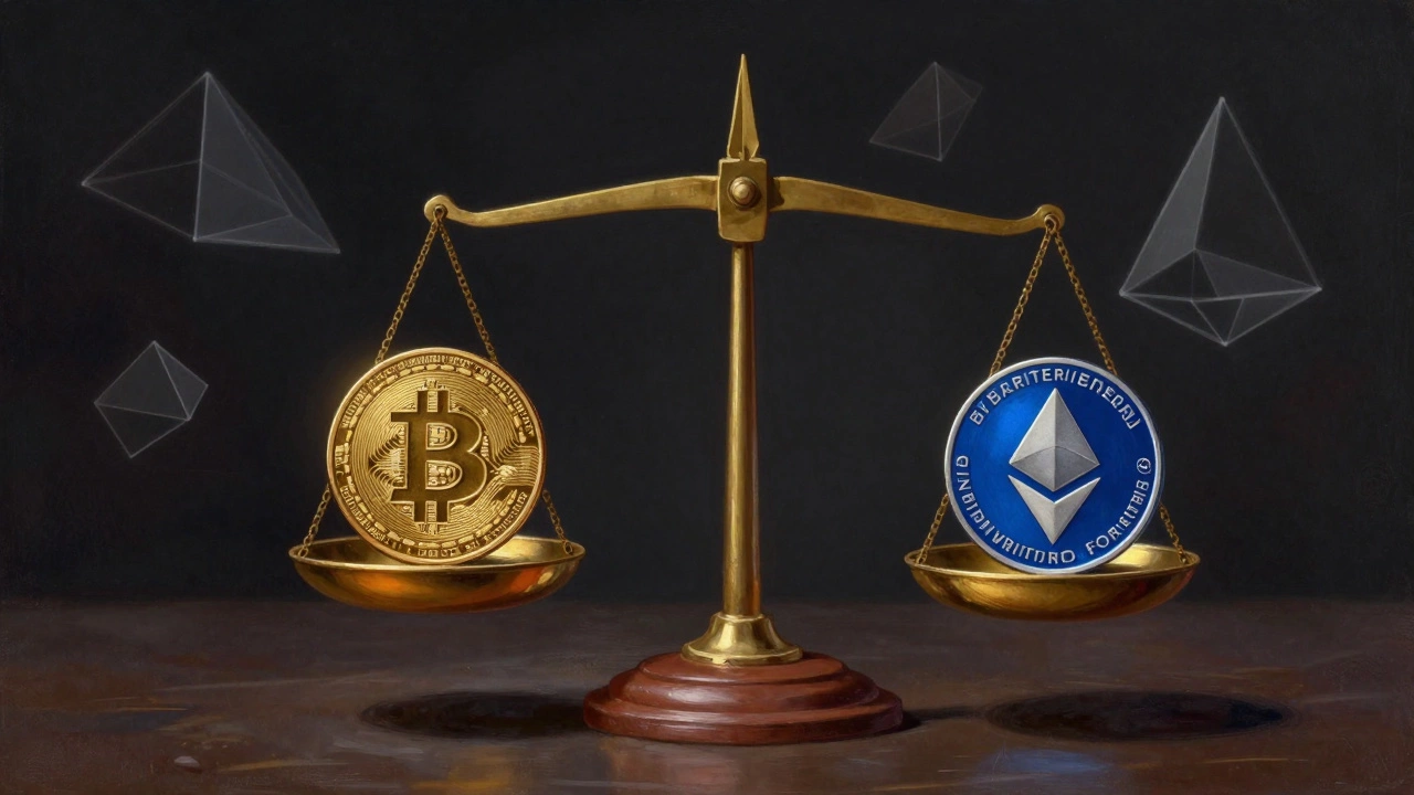 Balanced scale holding Bitcoin and Ethereum coins symbolizing diversification
