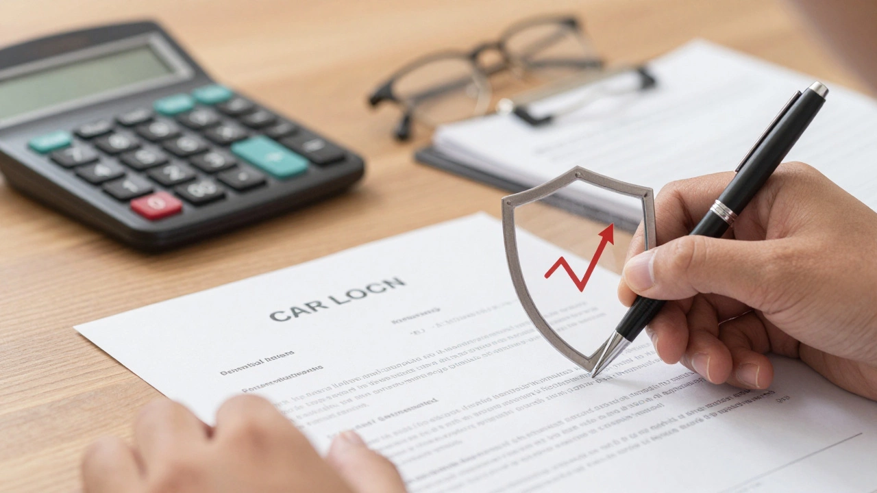 Hands using a shield to protect car loan documents from hidden costs