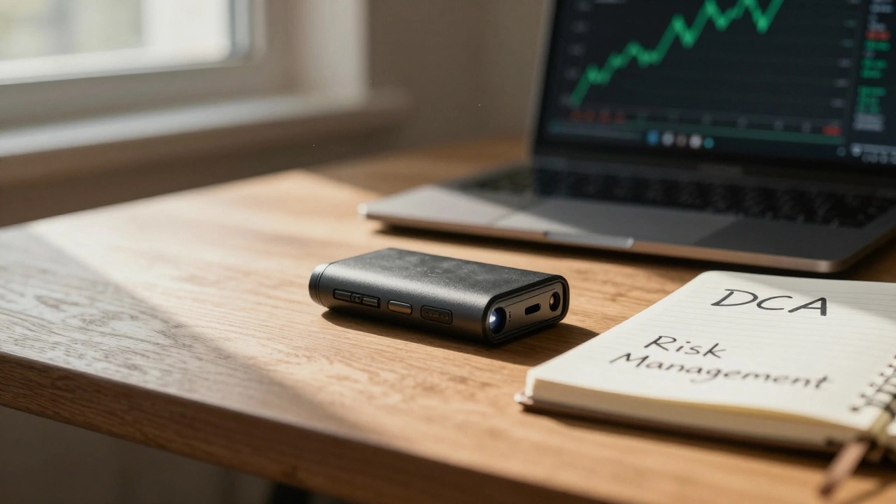 Hardware wallet and notebook on desk with soft natural lighting